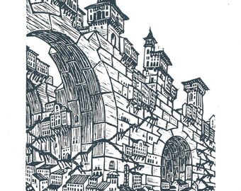 Linogravure "Mélodie du Temps" - Architecture imaginaire, ruines gigantesques