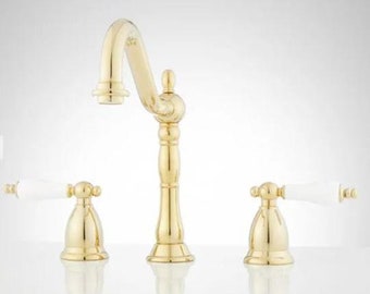 New Polished Brass Victorian Gooseneck Bathroom Faucet & Porcelain Lever Handles - Signature Hardware