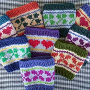 Bettys Knit Cup Cozies: Shamrock, Heart,  and Flower