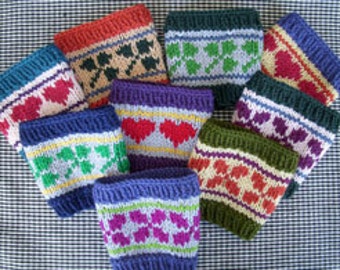 Bettys Knit Cup Cozies: Shamrock, Heart,  and Flower