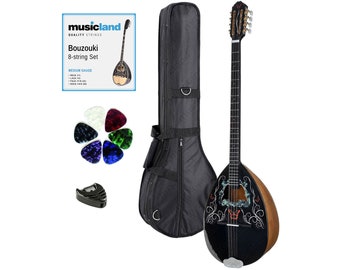 Handgefertigtes 8-saitiges griechisches Bouzouki-Bundle | Traditionelles Studenten-Bouzouki mit Koffer, zusätzlichem Saitensatz, Plektren und Plektrumhalter