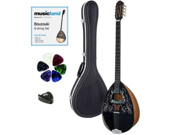 Handgefertigtes 8-teiliges griechisches Bouzouki-Bundle | Traditionelle Studenten Bouzouki mit Koffer, extra Saiten Set, Plektren & Plektrumhalter