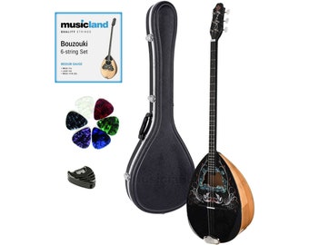 Handgefertigtes 6-saitiges griechisches Bouzouki-Bundle | Traditionelles Studenten-Bouzouki mit Koffer, zusätzlichem Saitensatz, Plektren und Plektrumhalter