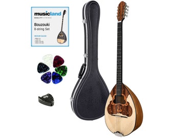 Handgefertigtes 8-teiliges griechisches Bouzouki-Bundle | Traditionelle Studenten Bouzouki mit Koffer, extra Saiten Set, Plektren & Plektrumhalter