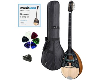 Handgefertigtes 8-saitiges griechisches Bouzouki-Bundle | Traditionelles Studenten-Bouzouki mit Koffer, zusätzlichem Saitensatz, Plektren und Plektrumhalter