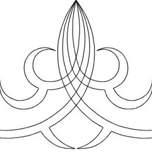 May include: A black and white line drawing of a decorative design with a symmetrical, pointed, and curved shape.