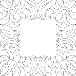 Puede incluir: Diseño de arte de línea en blanco y negro de un marco cuadrado con un patrón floral en cada esquina. El marco está vacío en el centro.