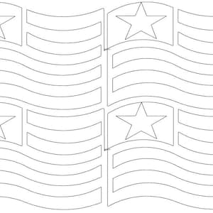 May include: A black and white line drawing of four American flags. Each flag has a star in the top left corner and seven horizontal stripes.