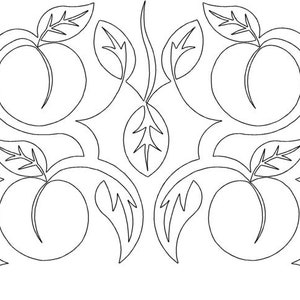 May include: A black and white line drawing of four stylized peaches with leaves, arranged in a symmetrical pattern.
