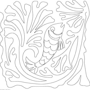 May include: A black and white line drawing of a fish swimming in a stylized floral pattern. The fish is facing to the right and has a large, open mouth. The floral pattern is made up of swirling lines and leaves.