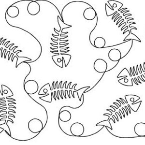 May include: A black and white line drawing of a cat toy featuring multiple fish bones and yarn balls. The toy is designed to be a fun and engaging way for cats to play.