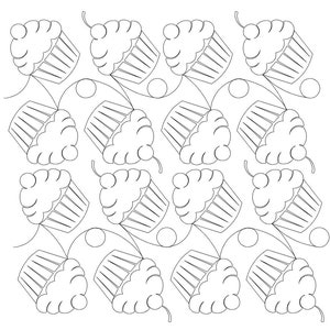 May include: A black and white line drawing of a pattern of cupcakes with cherries on top. The cupcakes are connected by a string of beads.