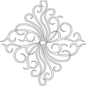 Könnte beinhalten: Ein symmetrisches, schwarz-weißes dekoratives Design mit einer zentralen ovalen Form mit radialen Linien und wirbelnden, scrollartigen Elementen. Das Design ist rautenförmig, wobei sich die Wirbelmuster nach außen erstrecken.