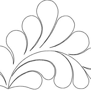 May include: A black and white line drawing of a stylized floral design with a series of teardrop shapes.