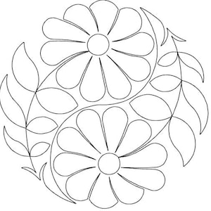 May include: A black and white floral design featuring two large daisy-like flowers and stylized leaves. The petals and leaves are outlined with a single line, creating a symmetrical, circular pattern. The design is suitable for various craft projects.
