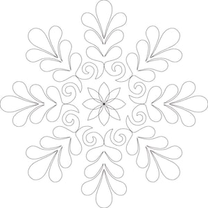May include: A black and white line drawing of a symmetrical snowflake design with intricate details. The snowflake has a central flower shape surrounded by six stylized leaves.