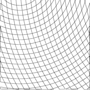 May include: A black and white image of a curved grid pattern. The grid is made up of thin lines that intersect at right angles. The lines are curved in a way that creates a sense of depth and movement.