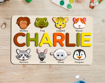 Tierspielzeug, Namenspuzzle für Baby, Busy Board, Montessori Spielzeug, personalisiertes Kleinkindspielzeug, Babypartygeschenk, hölzernes Namenspuzzle, Babygeschenk