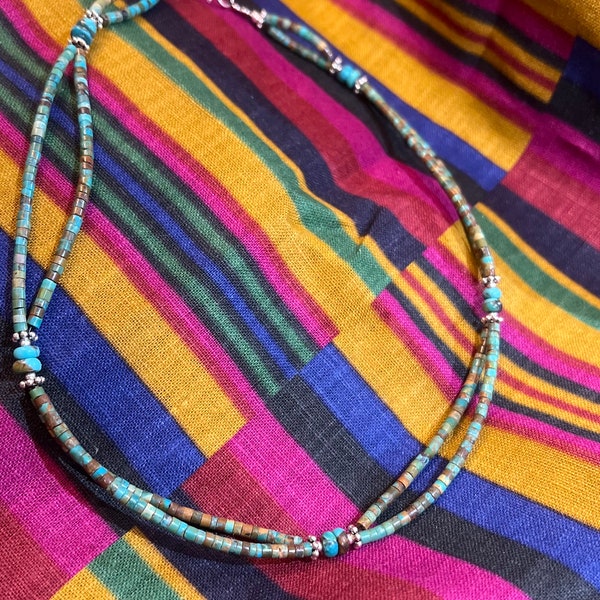 Handmade Tibetan style double strand turquoise necklace ‘Turquoise Echo’