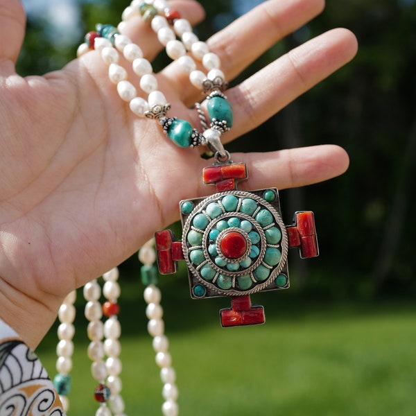 Handmade Tibetan Ghua Necklace “Turquoise Mandala Charm” || natural coral with turquoise and pearl || Unique Jewelry! ONLY ONE!!!