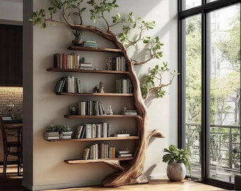 Tree Bookshelf Wooden, Modern Tree Bookcase, Natural Wood Shelf with Branch Design, Organic Wood Bookshelf, Living Room Shelf