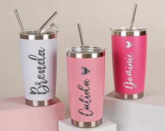 Personalized 20oz Engraved Tumbler, Custom Name Travel Mug, Stainless Steel Cups, Insulated Bridesmaid Tumbler, Tumbler with Straw