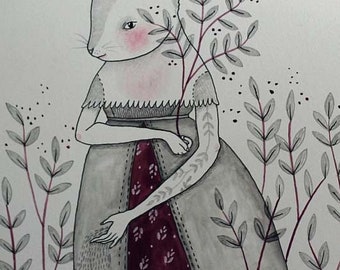 Original Ink, Pencil and Watercolour on Paper, "A Walk in the Garden", MarmeeCraft