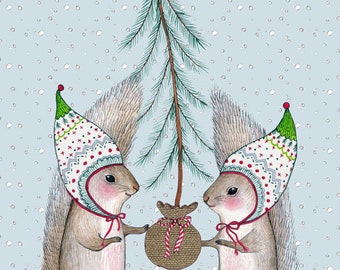 MarmeeCraft holiday art print, "Merry Little Squirrels"