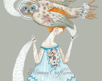 MarmeeCraft folk owl art print, "Wingspun Merrily"