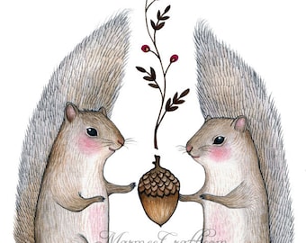 MarmeeCraft Squirrel acorn art print- "Harvest Come"