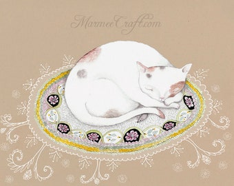 MarmeeCraft cat on rug and lace art print, "Little Vous"