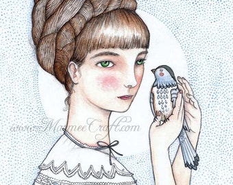 MarmeeCraft girl with bird art print, "Agnes and Pip"
