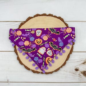 Halloween  Dog Bandana with Pom Poms, Purple Halloween Over Collar  dog bandana, Slip on dog bandana,  Cat over collar bandana