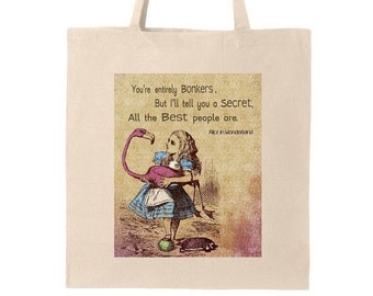 Alice in Wonderland Bonkers Canvas ShoulderTote. Reusable Shopping Grocery Bag. Great as a Book, School or Project Bag for Everyday Use.