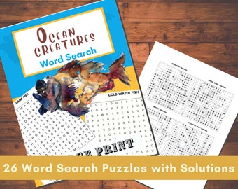 Ocean Creatures Themed Word Search printable Puzzles for All Ages | Sea Creatures | Instant Digital Download | 26 Different Puzzles