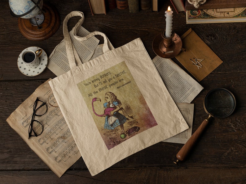 Alice in Wonderland Bonkers Canvas ShoulderTote. Reusable Shopping Grocery Bag. Great as a Book, School or Project Bag for Everyday Use. image 2
