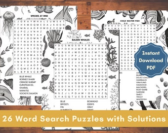 Ocean Creatures Themed Word Search printable Puzzles for All Ages | Sea Creatures | Instant Digital Download | 26 Different Puzzles
