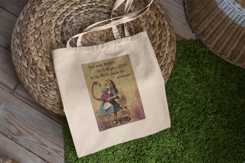 Alice in Wonderland Bonkers Canvas ShoulderTote. Reusable Shopping Grocery Bag. Great as a Book, School or Project Bag for Everyday Use. image 4