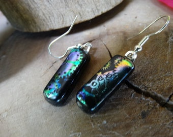 Gears Black and Rainbow Colored Matte Dichroic Earrings~Kiln Fired~Made in Mexico