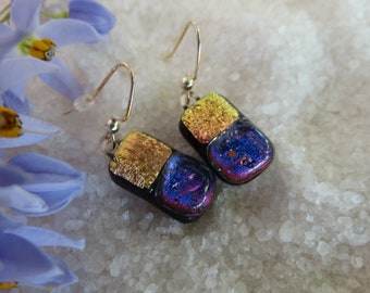 Fused Dichroic Glass Earrings~ Lavender and Pink Gold~ Kiln Fired Glass Jewelry~ Made in Mexico~ Glass Mosaic Jewelry~ Free Shipping