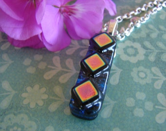 Dichroic Glass Pendant Necklace Pink Gold Squares over Deep Blue~Mosaic Glass Fused Glass Jewelry~Kiln Fired Dichroic  Necklace~Free Ship