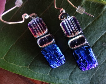 Blue~Pink Dichroic Glass Earrings~Fused Glass Earrings~Free Shipping~Glass Jewelry~Kiln Fired Fused Dichroic Glass Earring