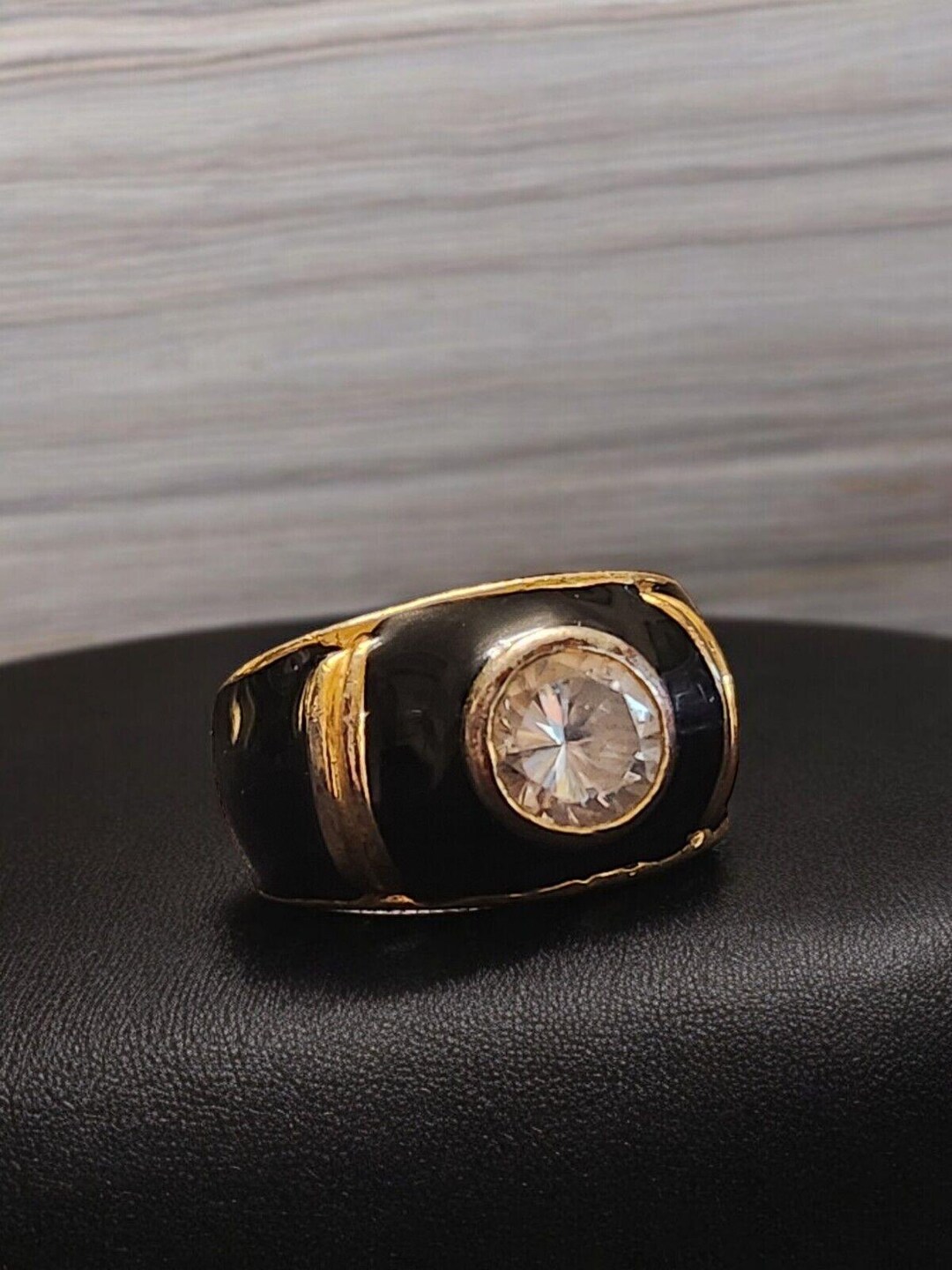 Vintage EDCO Gold-tone Black Enamel Ring W/ Cubic Zirconia, Size 6 ...