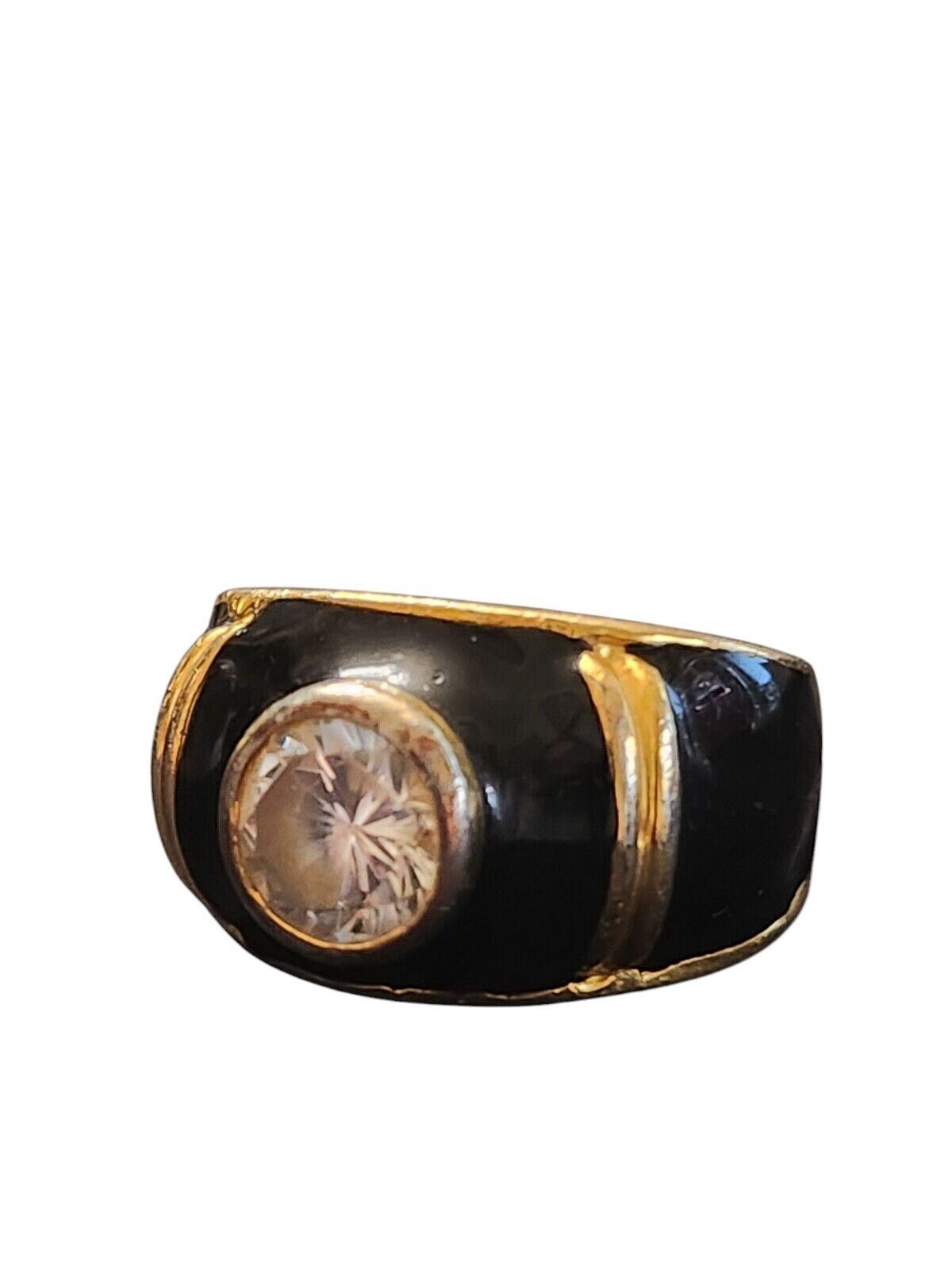 Vintage EDCO Gold-tone Black Enamel Ring W/ Cubic Zirconia, Size 6 ...