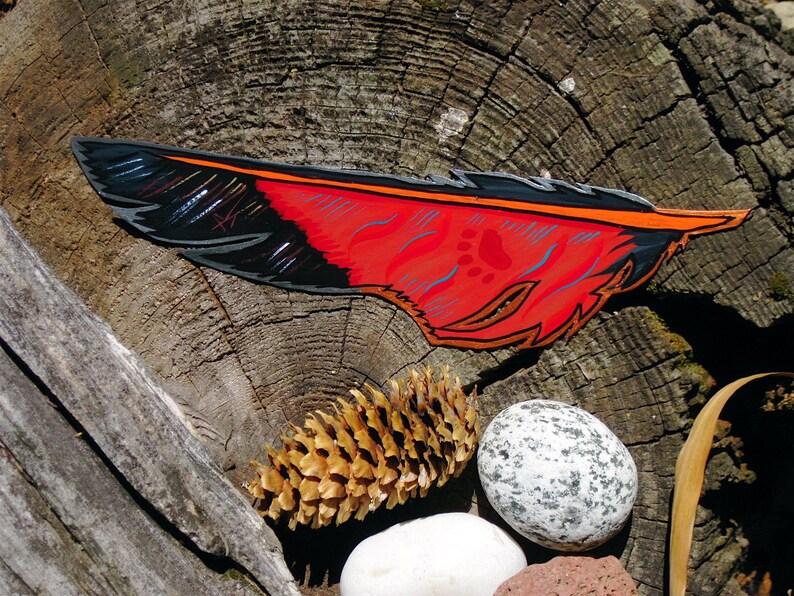 Feather magnet with bear paw print, red, black, feather shaped magnet image 1