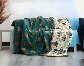 Green and White Reverse Blanket Throw, Scandi Floral Modern Boho Bed Nordic Blanket Reversible Boho Blanket