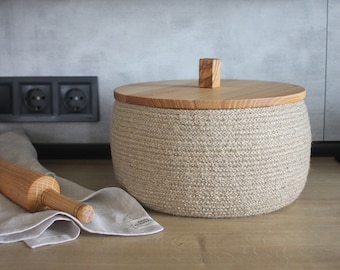 A round bread box with wooden lid * bread box countertop * farmhouse bread basket with lid * rustic bread box * bread box with lid