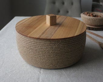 A jute bread box with wooden lid * round bread box countertop * farmhouse bread basket with lid * rustic bread basket * bread box with lid