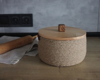 A jute bread bin with a wooden lid * farmhouse bread box with lid * rustic bread box * bread box with lid * round bread basket with lid