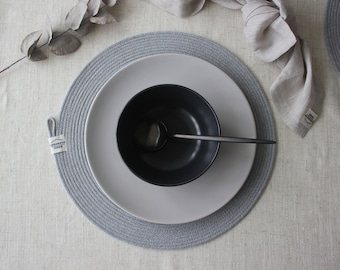 4 light gray placemats ,handmade round placemats for plates, a set of light gray placemats for table setting, gray custom placemats